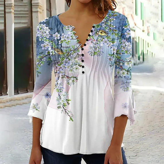 HongQid 3/4 Sleeve Tops for Women Button Down Shirt Women's Casual Floral Graphic Print Tees Blouse Tunic Summer Trendy V Neck Tshirt
