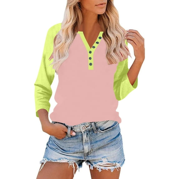 HongQid 3/4 Sleeve Tops for Women Henley Raglan Notched V Neck T Shirts Three Quarter Length Button Shirts Womens Blouses