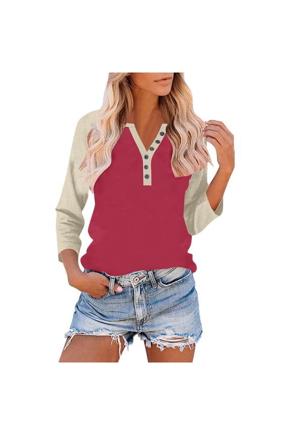 3/4 Sleeve Tops for Women Henley Raglan Notched V Neck T Shirts Three Quarter Length Button Shirts Womens Blouses