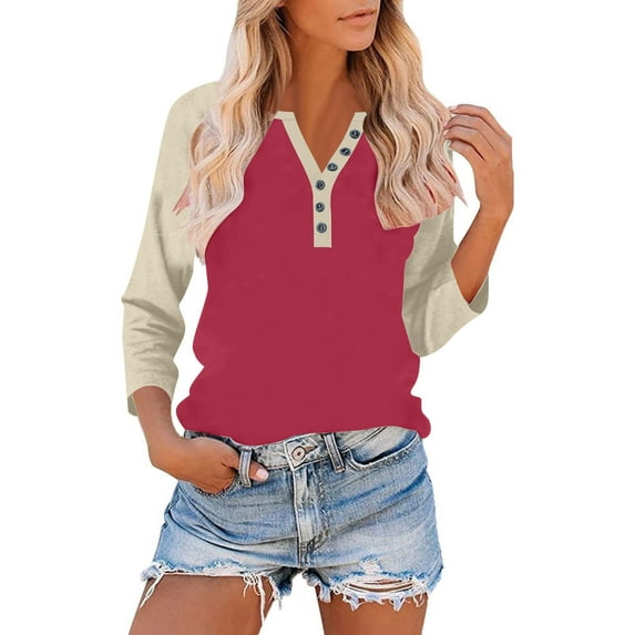 HongQid 3/4 Sleeve Tops for Women Henley Raglan Notched V Neck T Shirts Three Quarter Length Button Shirts Womens Blouses