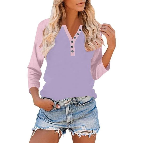 HongQid 3/4 Sleeve Tops for Women Henley Raglan Notched V Neck T Shirts Three Quarter Length Button Shirts Womens Blouses