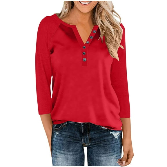 HongQid 3/4 Sleeve Tops for Women Henley Raglan Notched V Neck T Shirts Three Quarter Length Button Shirts Womens Blouses