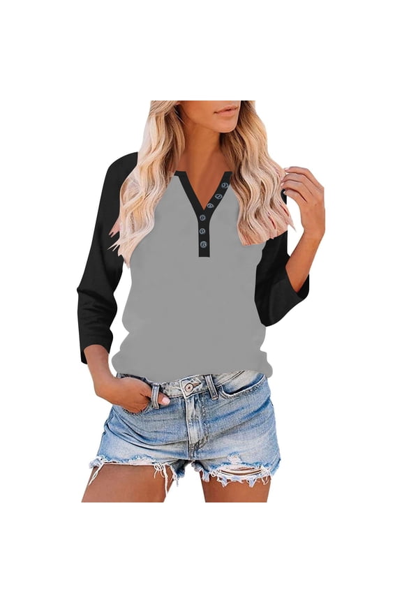 3/4 Sleeve Tops for Women Henley Raglan Notched V Neck T Shirts Three Quarter Length Button Shirts Womens Blouses