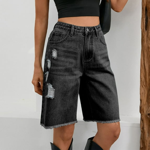HongQid Bermuda Shorts for Women Jean High Waisted Frayed Hem Trendy Pockets Casual Summer Button Fly Stretchy Denim Shorts