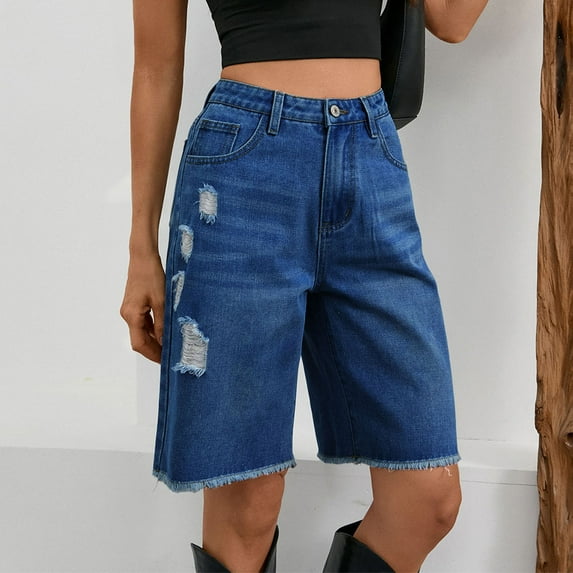 HongQid Bermuda Shorts for Women Jean High Waisted Frayed Hem Trendy Pockets Casual Summer Button Fly Stretchy Denim Shorts