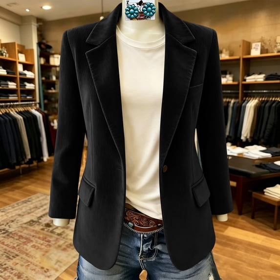 HongQid Blazer Jacket for Women Corduroy Notched Lapel Single Button Pocket Structured Casual Outerwear Loose Cut Spring Fall Clothes Ladies Trendy Everyday Suit Coat