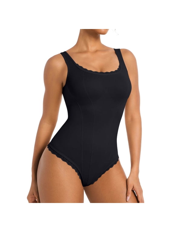 Body Suits Women - Square Neck Lace Sleeveless Thong Bodysuit Tummy Conotrol Double Lined Camisole Tank Tops Black 2XL