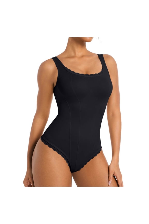 Body Suits Women - Square Neck Lace Sleeveless Thong Bodysuit Tummy Conotrol Double Lined Camisole Tank Tops Black 2XL