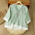 thumbnail image 1 of HongQid Boho Floral Embroidery Cotton Linen Tops for Women Chinese Frog Button 3/4 Sleeve Loose Casual Blouses Shirts, 1 of 5