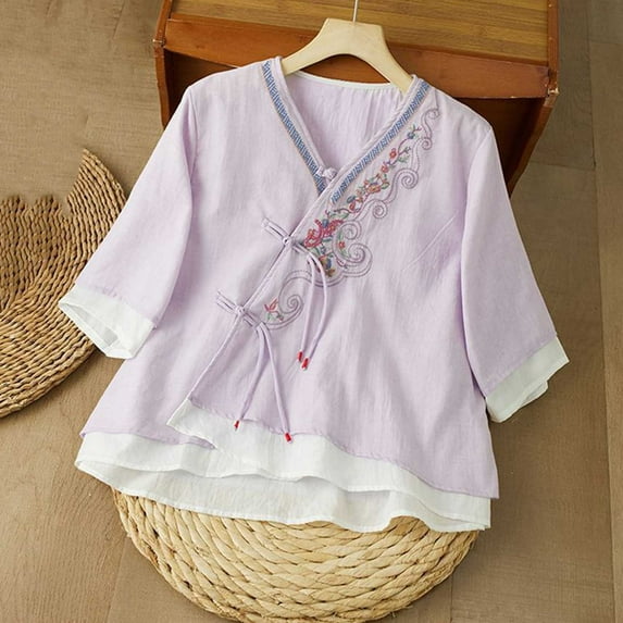 HongQid Boho Floral Embroidery Cotton Linen Tops for Women Chinese Frog Button 3/4 Sleeve Loose Casual Blouses Shirts