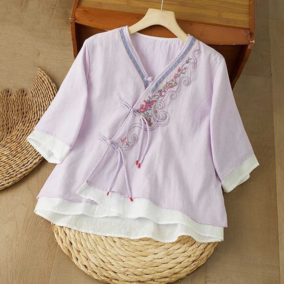 HongQid Boho Floral Embroidery Cotton Linen Tops for Women Chinese Frog Button 3/4 Sleeve Loose Casual Blouses Shirts