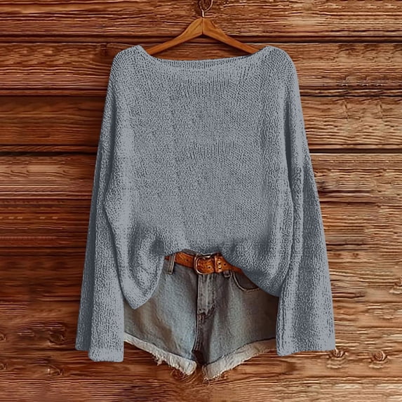 HongQid Boho Sweaters for Women Fall Round Neck Cute Knit Tops Loose Fit Lightweight Sweater Long Sleeve Tops