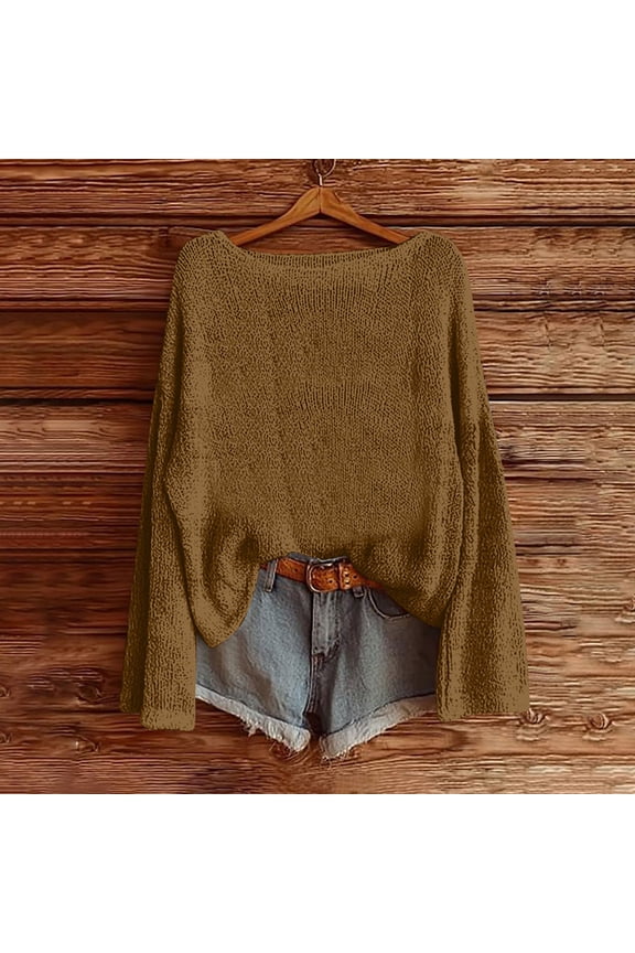 Boho Sweaters for Women Fall Round Neck Cute Knit Tops Loose Fit Lightweight Sweater Long Sleeve Tops