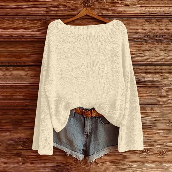 HongQid Boho Sweaters for Women Fall Round Neck Cute Knit Tops Loose Fit Lightweight Sweater Long Sleeve Tops