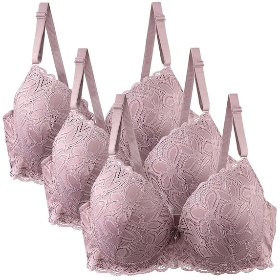 HongQid Bras for Women Underwire Soft Supportive Lace Comfortable Wire Push Up Deep V Everyday Bra 3PCS Pink M