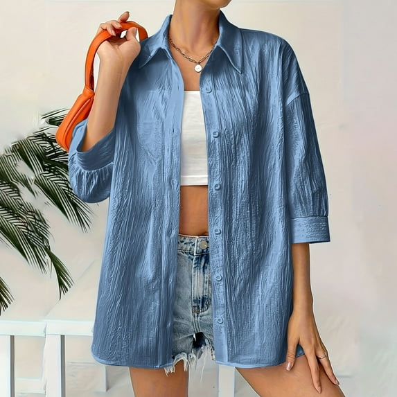 HongQid Button Down Shirts for Women 3/4 Sleeve Linen Casual Collared Blouse Office Work Shirt