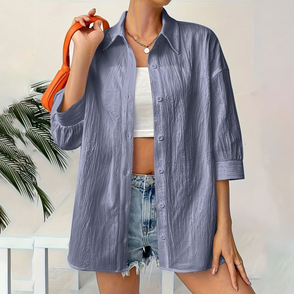 HongQid Button Down Shirts for Women 3/4 Sleeve Linen Casual Collared Blouse Office Work Shirt