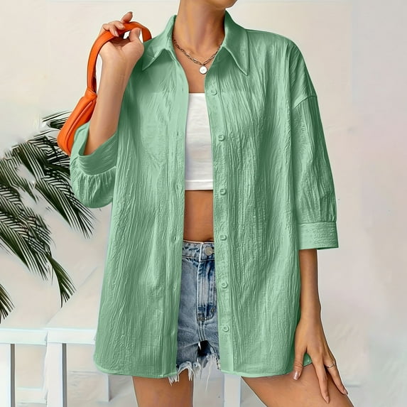 HongQid Button Down Shirts for Women 3/4 Sleeve Linen Casual Collared Blouse Office Work Shirt