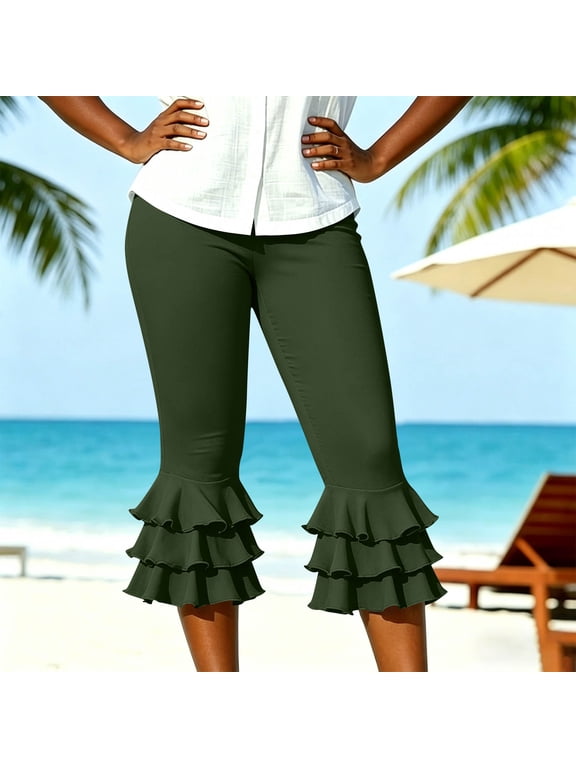 Capri Pants Tiered Ruffle Hem High Waist Stretchy Flared Yoga Cropped Trousers for Women,M