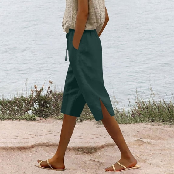 HongQid Capri for Women Summer Linen Solid Color Loose Straight Leg Pants with Pockets Side Slit Buttons Five Quarter Pants