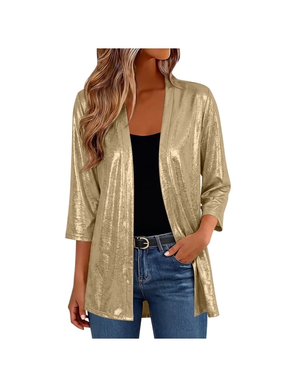 Cardigan for Women Open Front 3/4 Sleeve Sparkle Glitter Party Outerwear with Side Pockets Evening Duster Jacket