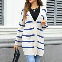 HongQid Cardigans for Women Striped Long Sleeve Open Front Button Long Sweaters