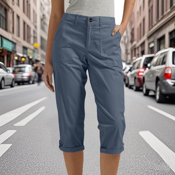 HongQid Cargo Capri Pants for Women High Waisted Relaxed Fit Elastic Knit Waist Casual Capris Trousers Cropped Pants
