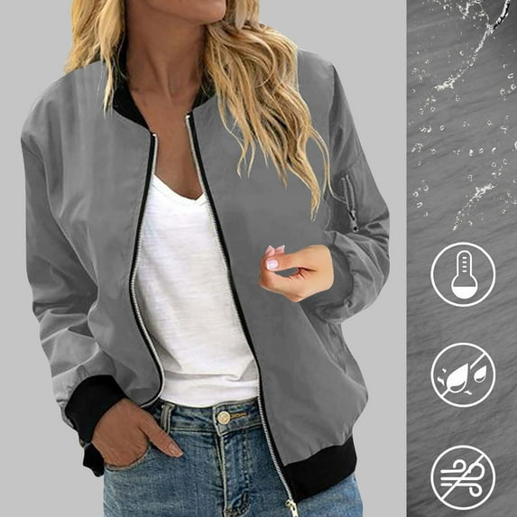 HongQid Casual Jackets for Women Long Sleeve Lightweight Outwear Bomber Coats with Pockets