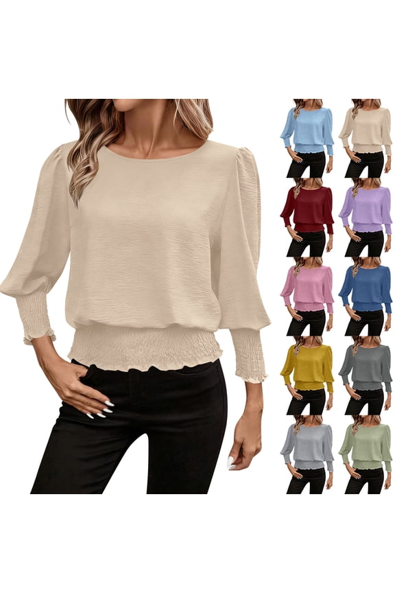 Casual Top Women Bubble Puff Three Quarter Sleeve Elastic Smocked Ruffle Hem Round Neck Solid Color Lightweight Everyday Tunic Blouse for Women