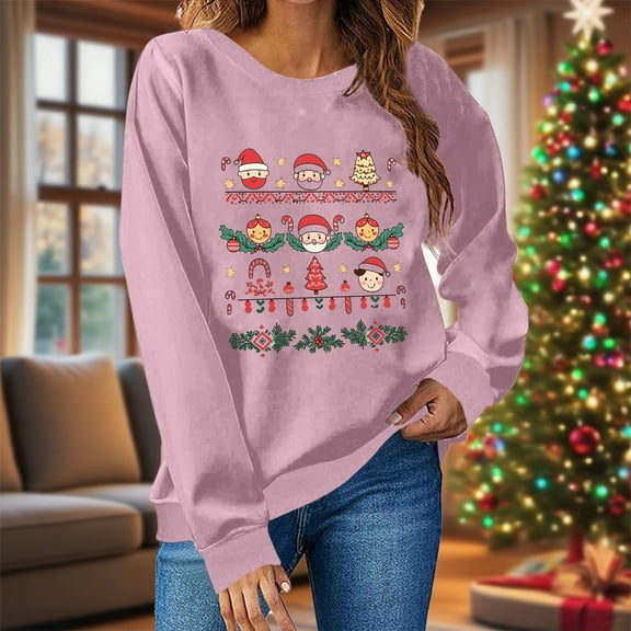 HongQid Christmas Pullover for Women Christmas Theme Printed Graphic Sweatshirt Long Sleeve Round Neck Fall Tops