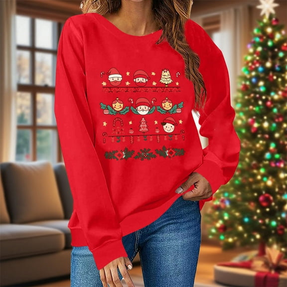 HongQid Christmas Pullover for Women Christmas Theme Printed Graphic Sweatshirt Long Sleeve Round Neck Fall Tops