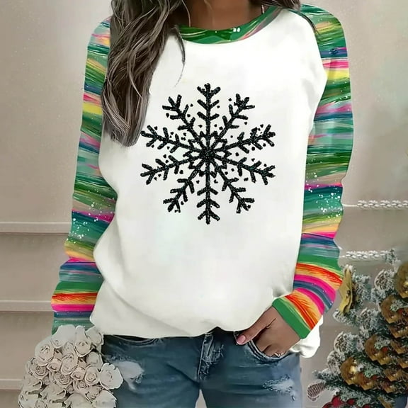 HongQid Christmas Shirts for Women Christmas Theme Printed Graphic Tshirts Long Sleeve Round Neck Tops