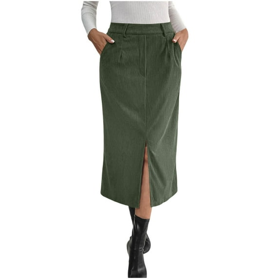 HongQid Corduroy Skirts for Women Midi Length High Waisted Button Fly Fall Casual Elastic Waist Long Skirt with Slit