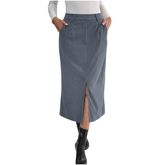 HongQid Corduroy Skirts for Women Midi Length High Waisted Button Fly Fall Casual Elastic Waist Long Skirt with Slit
