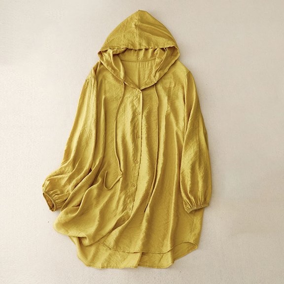 HongQid Cotton Cover Up for Women Button Down Hooded Shirt Long Sleeve Beach Cover Ups