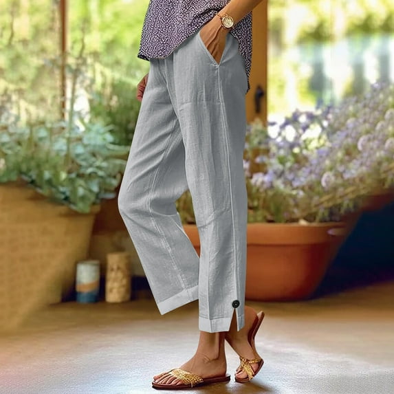 HongQid Cotton Linen Pants Women Elastic High Waisted Straight Leg Lounge Pants Casual Slacks Summer Trousers with Pockets