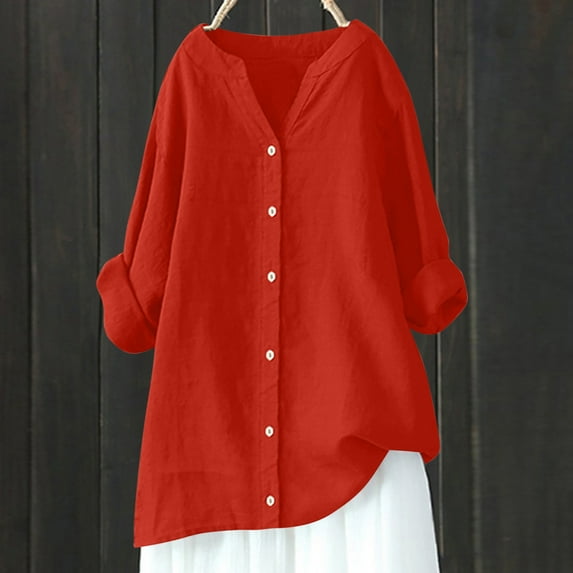 HongQid Cotton Linen Shirts for Women Summer Fall Buttons V Neck 3/4 Sleeve Tops Casual Loose Tunic Tops Trendy Dressy Blouses