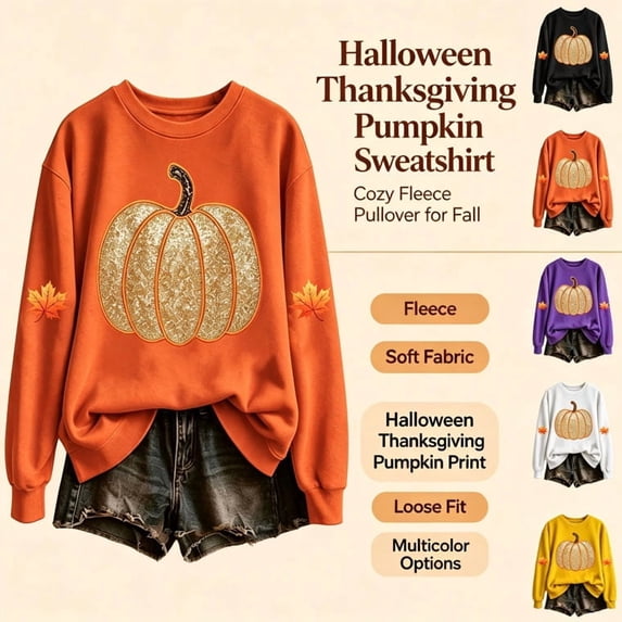 HongQid Crew Neck Sweatshirts Women Graphic Fall Pumpkin Thanksgiving Pullover Tops Oversized Winter Autumn Season Shirts Sequin Halloween Funny Cute Long Sleeve Tops