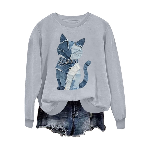 HongQid Crewneck Pullover Shirts Women Long Sleeve Cute Cat Sweatshirts Graphic Clothing Gift