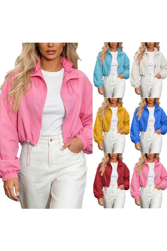 Cropped Windbreaker Jacket for Women Stand Collar Zip Up Lightweight Outerwear with Drawstring Hem