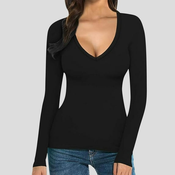 HongQid Deep V Neck Long Sleeve Shirts for Women Slim Fitted T Shirt Tops Fall Basic Tee Tops