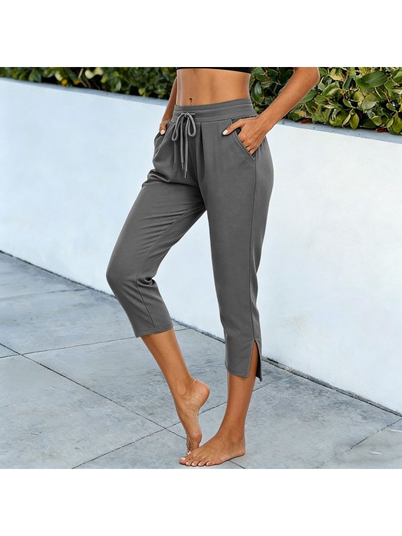 Drawstring Capri Pants Ladies High Waist Split Hem Casual Jogger Pants with Side Slit for Women