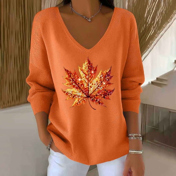 HongQid Fall Sweater for Women Embroidered Tops: Maple Leaf Crewneck Sweater Casual Long Sleeve Pullover