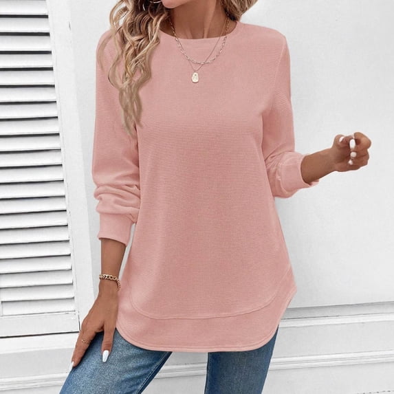 HongQid Fall Tops for Women Long Sleeve Casual Loose Tunic Solid Color Tops Blouse