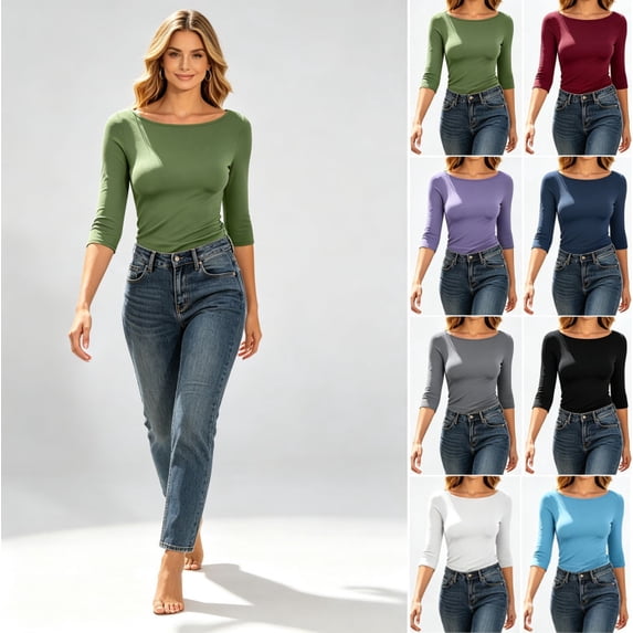 HongQid Fitted Top for Women 3/4 Sleeve Boat Neck Three Quarter Sleeve Soft Stretch Knit Slim Ladies Basic Tees Spring Summer Clothing Fall Trendy