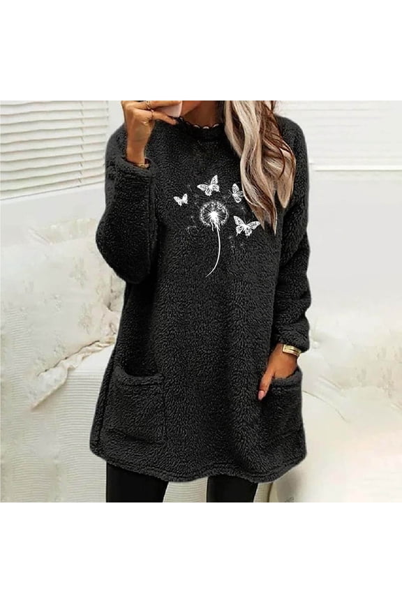 Fleece Sweatshirt for Women Winter Warm Sherpa Tunic Thermal Fleece Crew Neck Long Sleeve Pullover Loungewear with Pockets