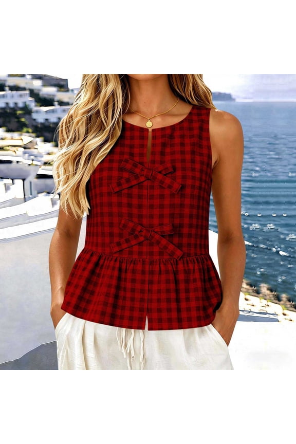 Gingham Plaid Bow Detail Peplum Top Sleeveless Round Neck Casual Ruffle Hem Summer Tank for Women