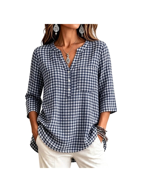 Gingham Plaid Henley Blouse V Notch Neck 3/4 Sleeve Half Button Front Chest Pocket Curved Hem Silhouette for Women Spring Summer Office Casual Lightweight Shirts Tops