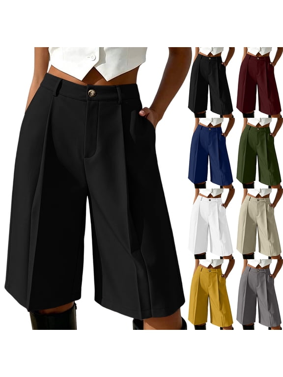 High Waist Front Pleated Wide Leg Culotte Shorts for Women Zip Fly Button Closure Knee Length Office Trouser Bottoms Belt Loop Casual Wear