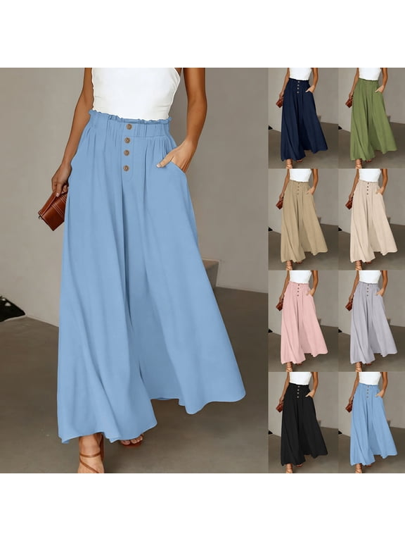 High Waist Ruffled Edge Culotte Pants for Women Flowy Wide Leg Skirt Trousers Decorative Front Buttons Side Pockets Lightweight Summer Bottoms